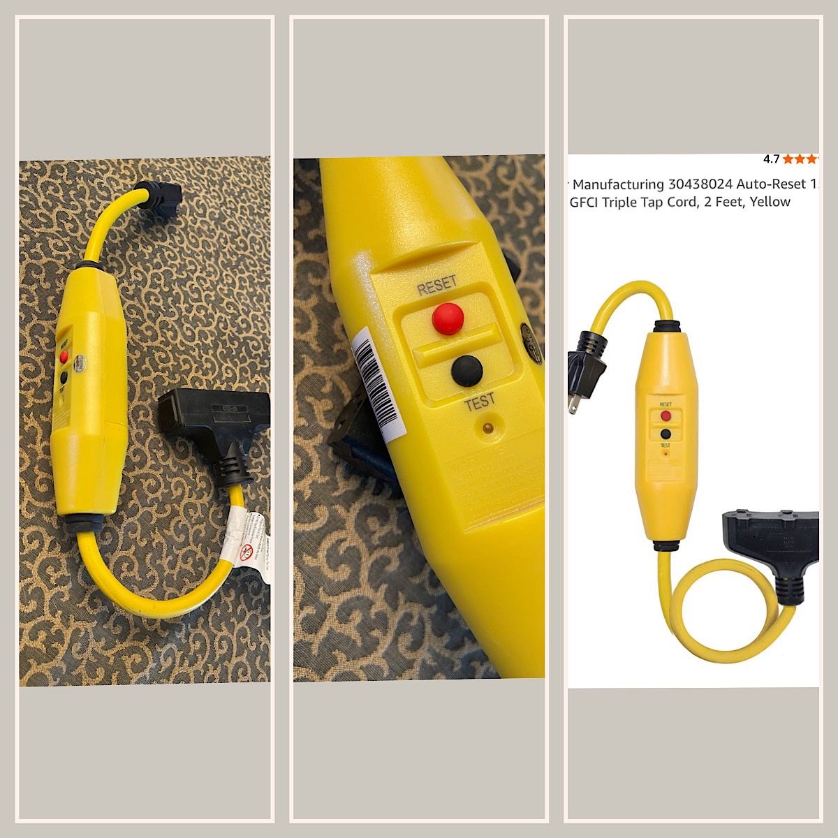 Tower Manufacturing (contact info removed)4 Auto-Reset 15 AMP Inline GFCI Triple Tap Cord, 2 Feet, Yellow.