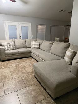 Large Beige Fabric Sectional Sofa with Chaise