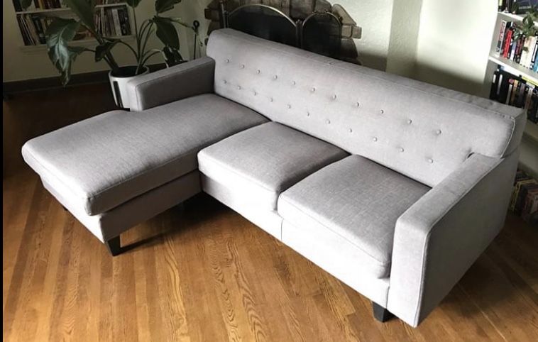 Gray mid-century style sofa, interchangeable L shape sectional