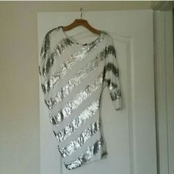 Bebe 1 sleeve short sequin white dress