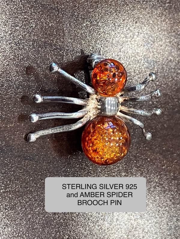 Spider brooch, Sterling Silver 925 and Amber Brooch Pin