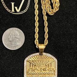 Iced Simulated Diamond Last Supper Pendant + 5mm 18K Gold over Stainless Steel Rope Chain
