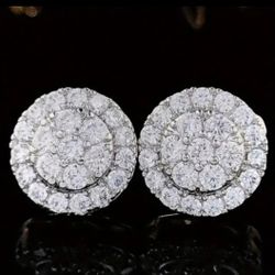 Exquisite Paved 14K White Gold Plated  Cubic Zirconia Cluster Men Women Stud Earrings 