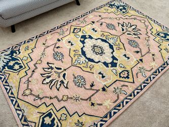 Anthropologie Caro Hand Tufted 100% Wool Rug – 5x8 – Pink/Multicolor