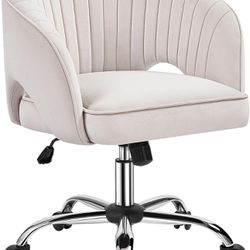 Home Office Chair Velvet Desk Chair, Upholstered Modern Swivel Chair with Tufted Barrel Back, Rolling Wheels for Office,Study, Vanity,Bedroom Cream 59
