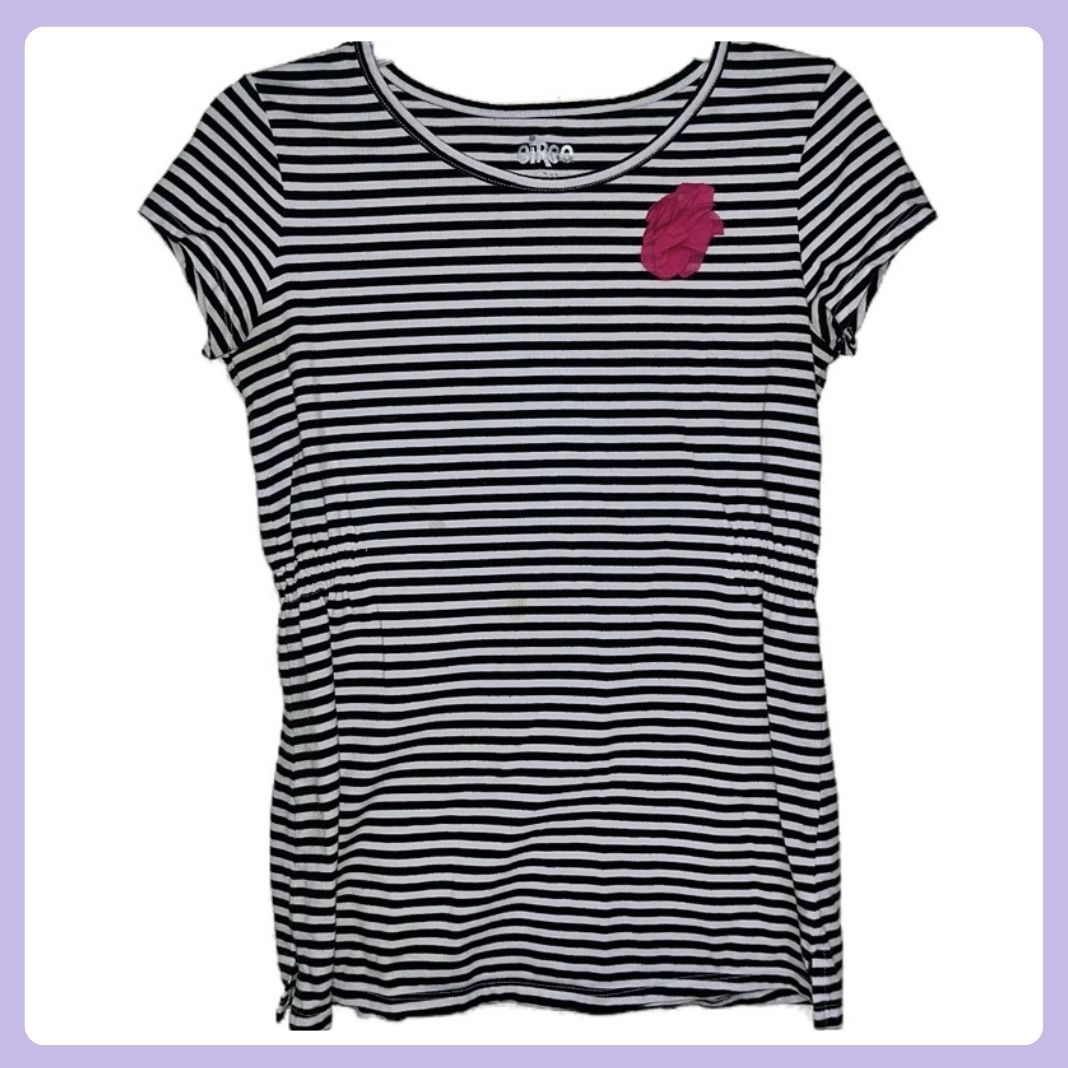 Black & White Striped Tee with Pink Flower Detail