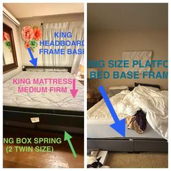 KING SIZE BED: GRAY PLATFORM BASE/ DARK WOOD HEADBOARD & FRAME/ MEDIUM FIRM MATTRESS/ BOX SPRING