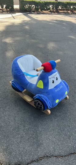 Happy Trails Rocking Police Car Toy- Kids Plush Stuffed Ride on Wooden Rockers with Sounds