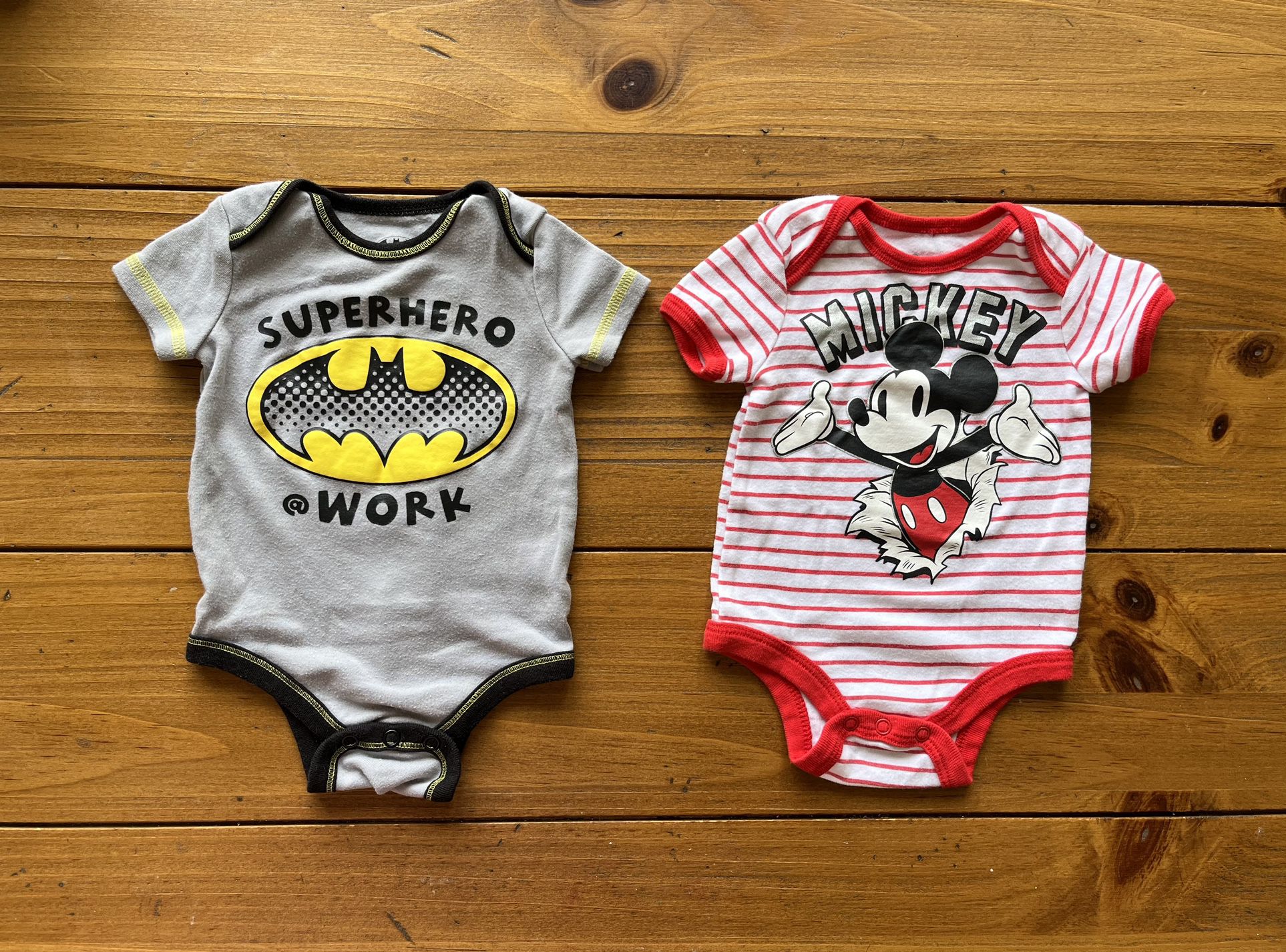 2 EUC Batman & Mickey Mouse baby onesies, size 3 months