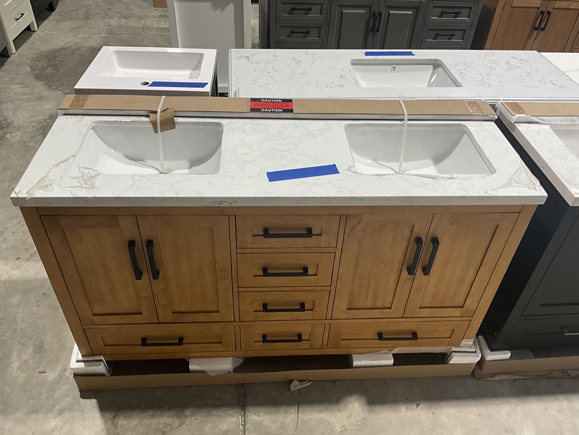 60” Bathroom Vanity in teak , double sink soft close solid wood with vanity top in white $899 Luke’s liquidations warehouse Address: 2434 N Forsyth