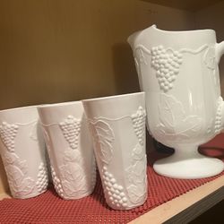 Grape Motif Milk Glass Pedestal Vase, Pitcher And Six Glasses