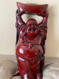 Laughing budha  statue red   wooden vintage is a little heavy 17” Tall