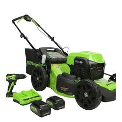 Greenworks - 48-Volt 20-Inch Push Lawn Mower with 24V Brushless Drill/Driver (2 x 4.0Ah Batteries and 1 x Dual Port Rapid Charger) -

