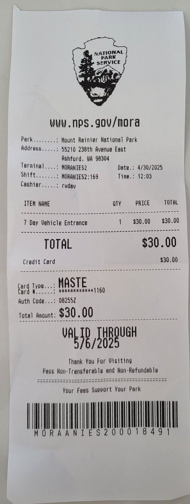 Mount RAINIER 7 DAY Receipt Pass Expires 5/6/25