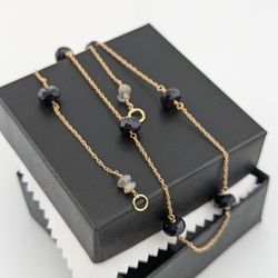 15"Designer 14K Yellow Gold Faceted Black Onyx Bead Station Chain Necklace