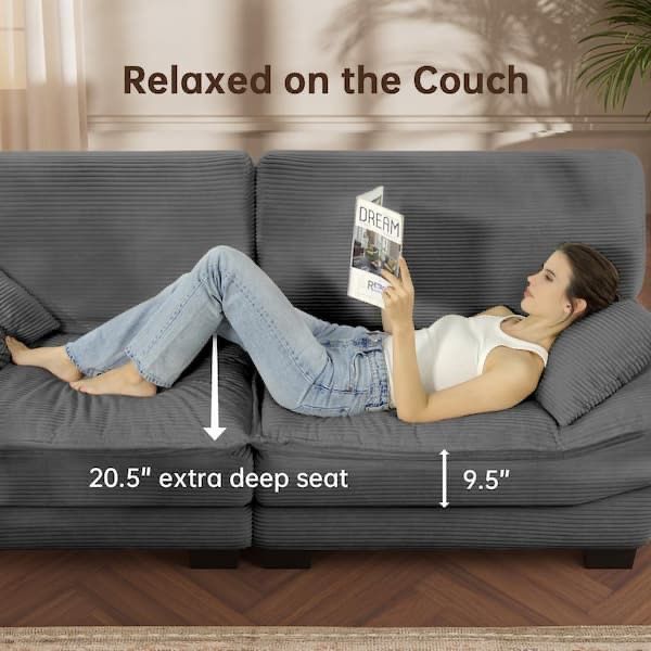 Grey 87" Corduroy Couch with 2 Pillows, Sailboat-Shape Deep Seat Sofa for Living Room, Small Space, Office, Apartment-Morden Fort