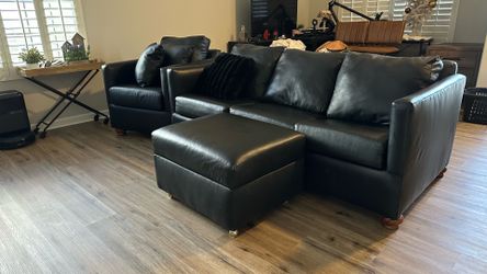 Black Leather Sofa Set – Sofa, Chair & Ottoman – Excellent Condition