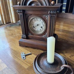 Antique Mantle Clock And Matching Candle Stick Holder