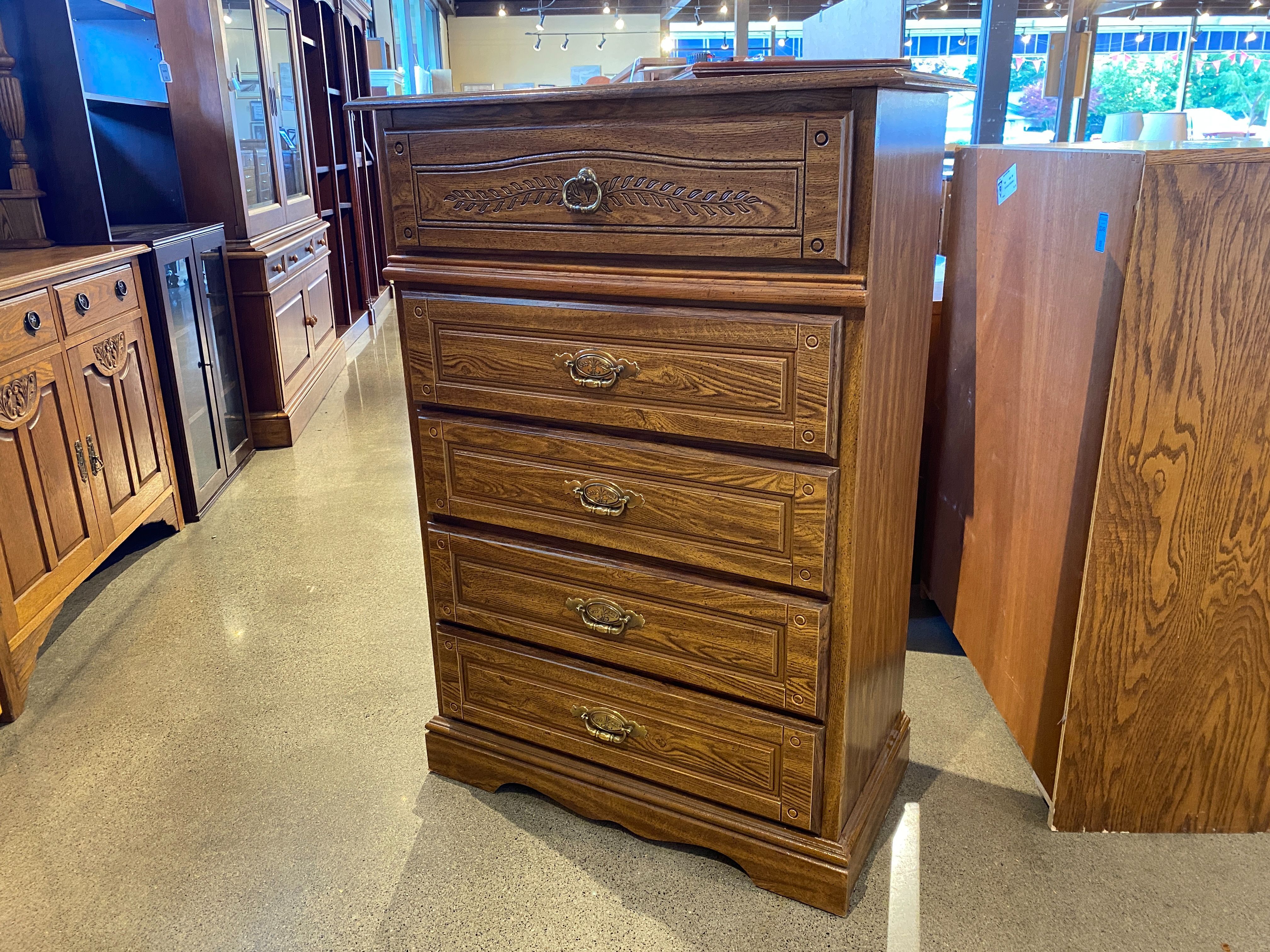 Floral Carved Five Drawer Tallboy Dresser