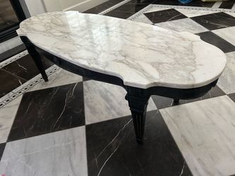 Antique Marble Top Coffee Table with Carved Wood Base