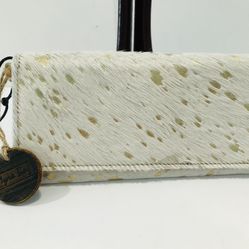 Myra Hair-On-Hide Leather White & Gold Wallet 7”-3.5” Leather inside, new without tag