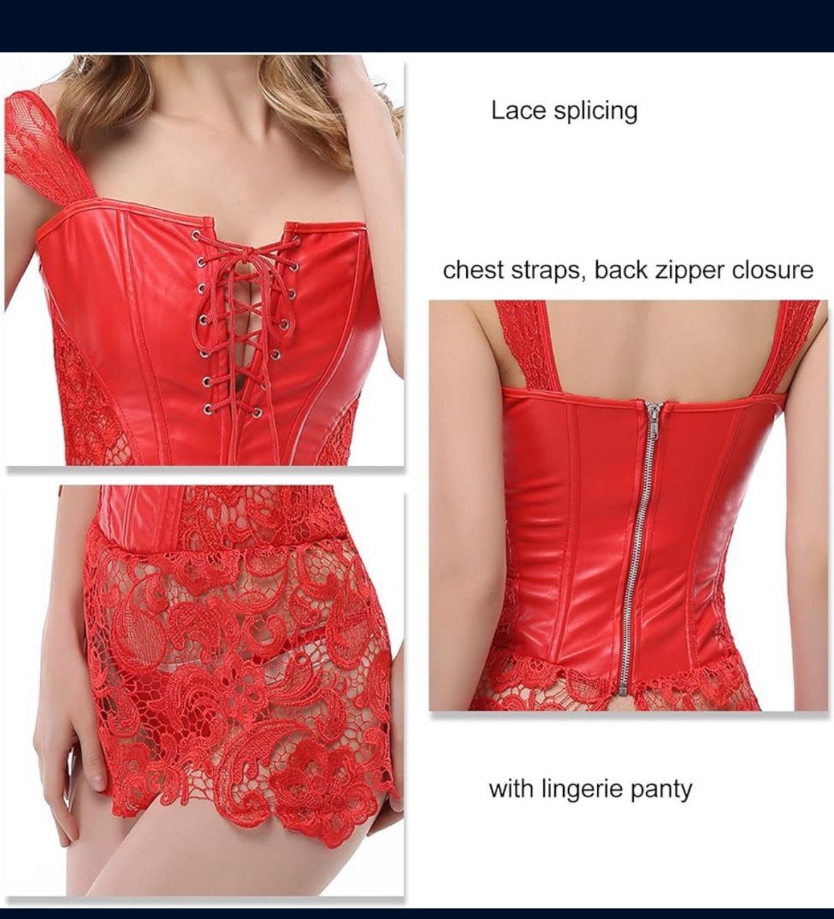 Women's Lace Up Faux Leather Slim Lace Corset Dress with Lingerie Panties