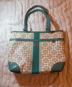 Coach Chelsea Heritage Stripe Signature Tote Teal & Khaki Coated Canvas #F15137