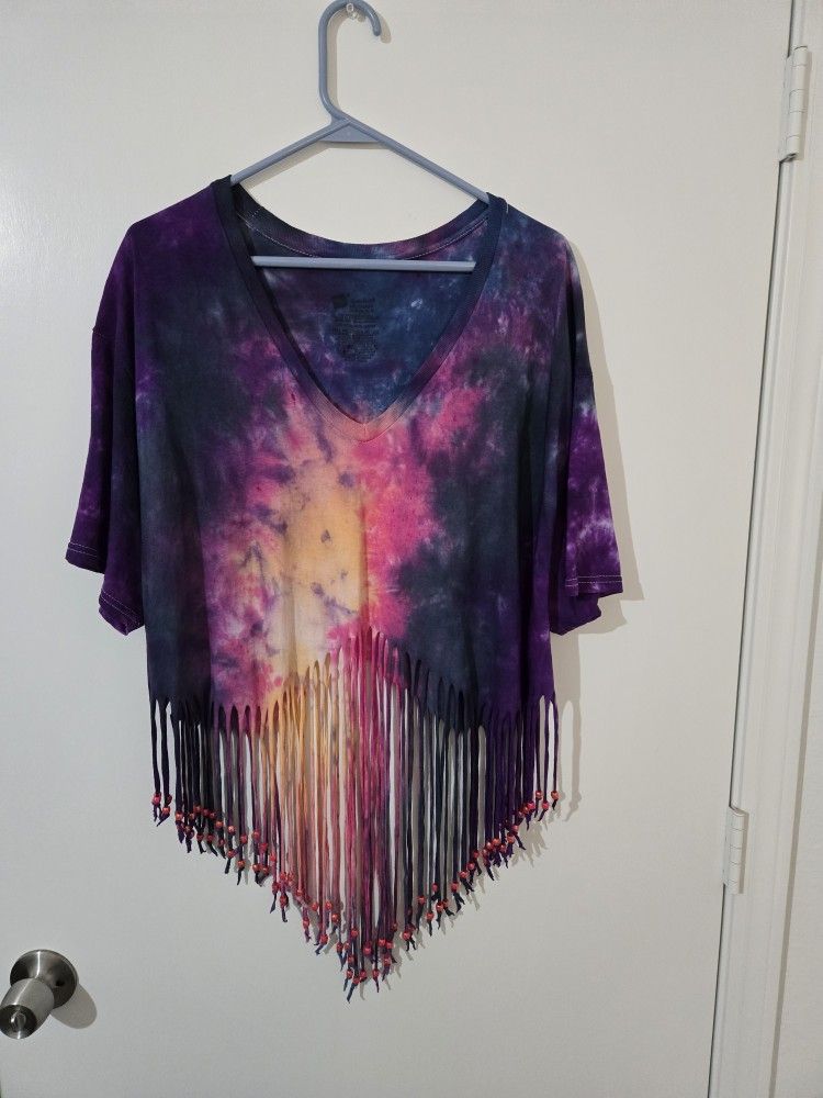 Tie-Dyed T-Shirt w/Beads on Fringe Size 2XL Plus Size