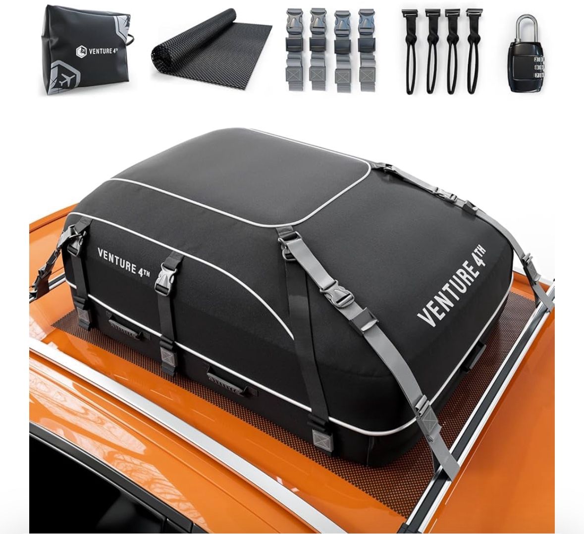 VENTURE 4TH Rooftop Cargo Carrier - 21 Cubic Feet Waterproof Car Roof Cargo Bag with Tie-Down & Compression Straps, Fits Most Vehicles with or Without