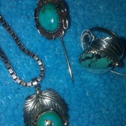 Sterling silver Turuoise Ring Pendent. With Boxe Chain Pin .hand Made .signed. Very Oldi