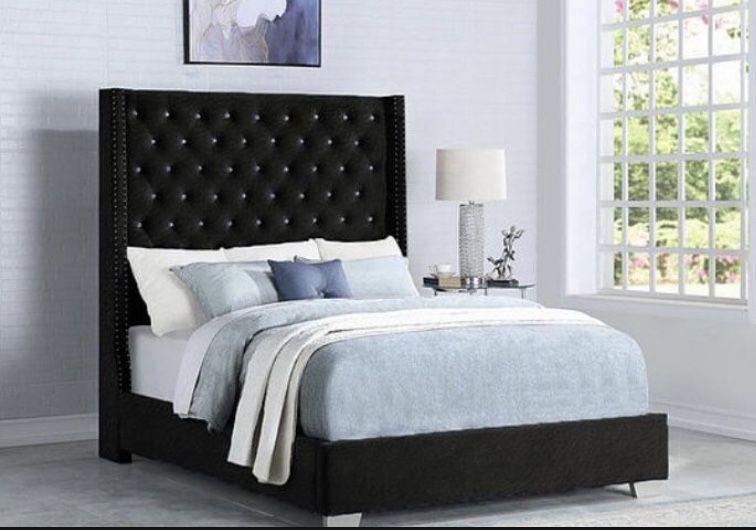 New Queen Black Velvet Bed Diamonds Headboard