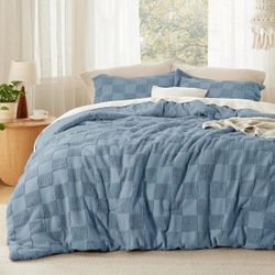 Mineral Blue Comforter Queen Set, Boho Soft Plaid Bedding Set 3 Pcs