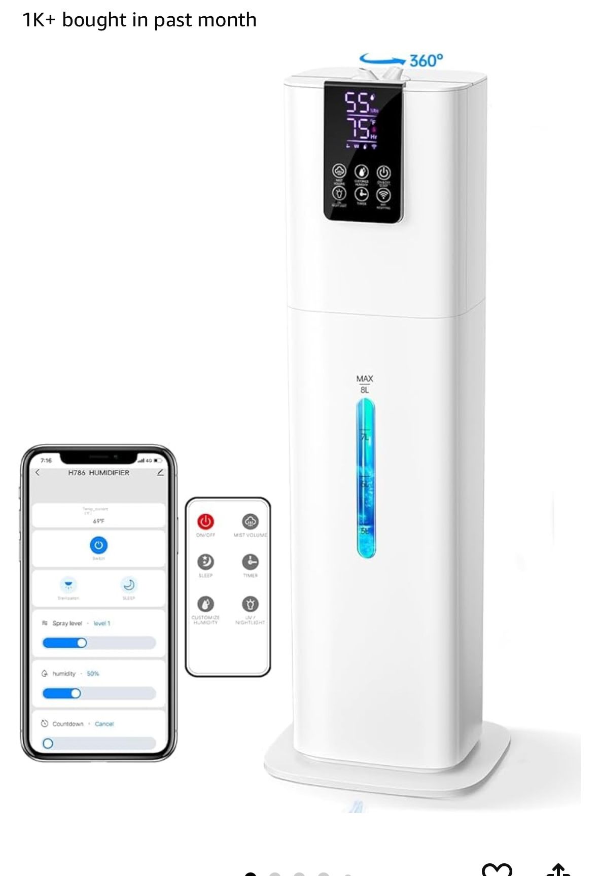 Smart Humidifiers for Large Room,(8L) 2.1Gal Cool Mist Top Fill Diffuser Ambient Light, WIFI, New