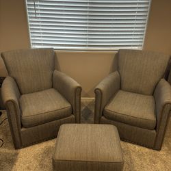 Pottery Barn Irving Roll Arm Swivel Chairs + Storage Ottoman (Charcoal Sunbrella)