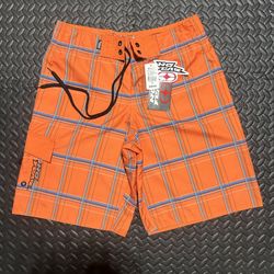 Vintage No Fear Board Shorts Men's 32 Swim Trunks Swimwear Plaid Orange Y2K NEW