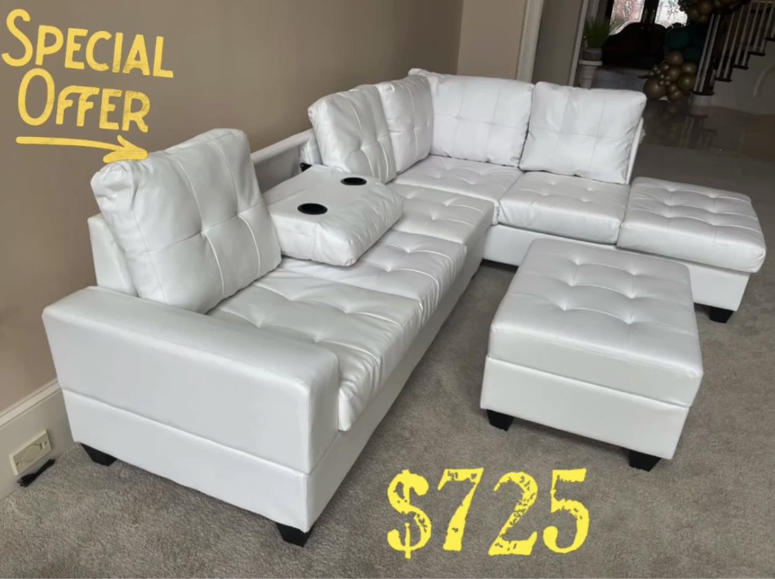 AVAILABLE IN BLACK, WHITE,& BROWN!! SECTIONAL WITH OTTOMAN $725 DELIVERY INCLUDED!!