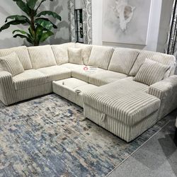 SECTIONAL SOFA WITH SLEEPER, STORAGE CHAISE GREY - CORDUROY [NEW]
