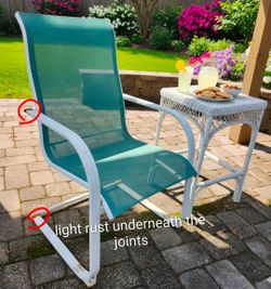 Can Deliver minor rust one person patio balcony set teal chair and wicker side table