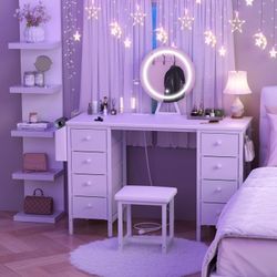 White Vanity Desk with Mirror and Light- Makeup Vanity Set Table with Chair, Storage, Lighted Mirror, 8 Large Fabric Drawers & Power Outlet, Dressing 