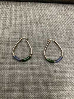 14k YG Gold Hoop Earrings with green and gray stone