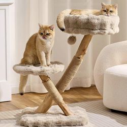 Natural Solid Wood Cat Tree Tower with Scratching Post, 32 Inches Tall Modern Cat Tower with Cozy Be