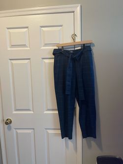 Navy Plaid Tie-Waist Ankle Trousers Size 2