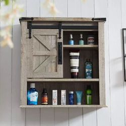 OKD Bathroom Wall Cabinet Barn Door Cupboard Storage Medicine Cabinet Shelf Light Rustic Oak
