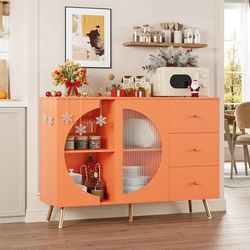  Coffee Bar Cabinet with Fluted Glass Door, Modern Cream Style Buffet Sideboard with Wine Glass Rack, Chest of Drawer Buffet Cabinet with Storage for 