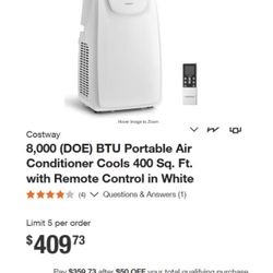 8,000 (DOE) BTU Portable Air Conditioner Cools 400 Sq. Ft. with Remote Control in White