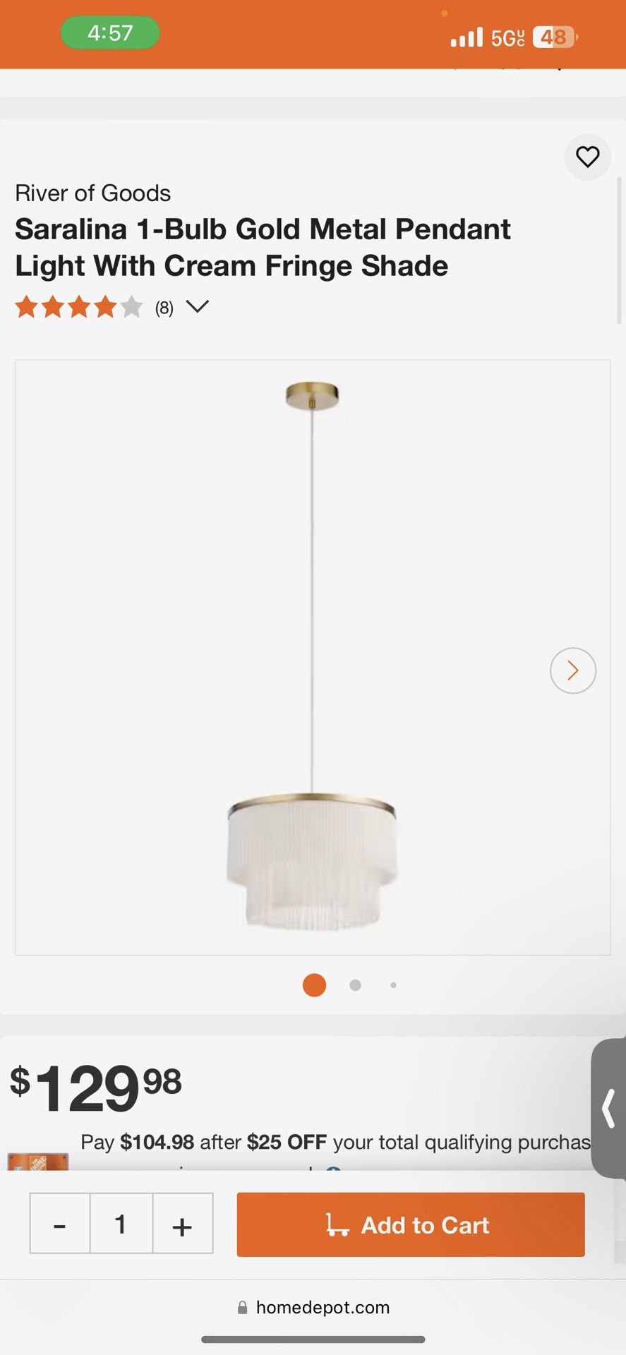 Saralina 1 Bulb Gold Metal Pendant Light With Cream Fringe Shade