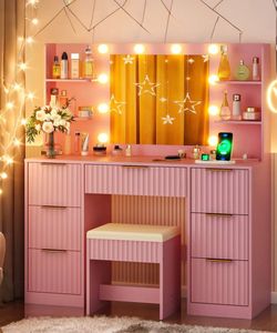Ktaxon Makeup Vanity Set with 3 Color Lighted Mirror & Charging Station, Dressing Table w/ 7 Drawers for Femal Gift, Pink