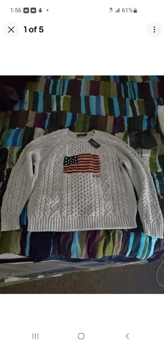 Brand New Polo Ralph Lauren Aran Cable Knit USA Flag Sweater Mens XXL