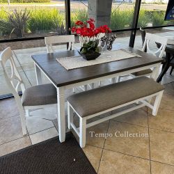 DINING SET NATURAL WOOD, 6 PCS CHAIRS AND BENCH - [NEW]