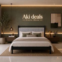 Queen  Size Wooden Bed frame  With Fluffy Soft Grey Headboard, new in box mattress sold separately J-14